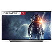 Front view of LG OLED 77” TV w Design on stand, Alpha 9 Gen2 processor &amp; Google Assistant™ OLED77C9PTA