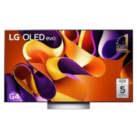 Front view with LG OLED evo G4 TV OLED83G4PSA, 11 Years of world number 1 OLED Emblem on screen.