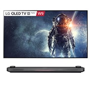 Front view of LG OLED 77” TV w Design on wall, Alpha 9 Gen2 processor &amp; Google Assistant™ OLED77W9PTA