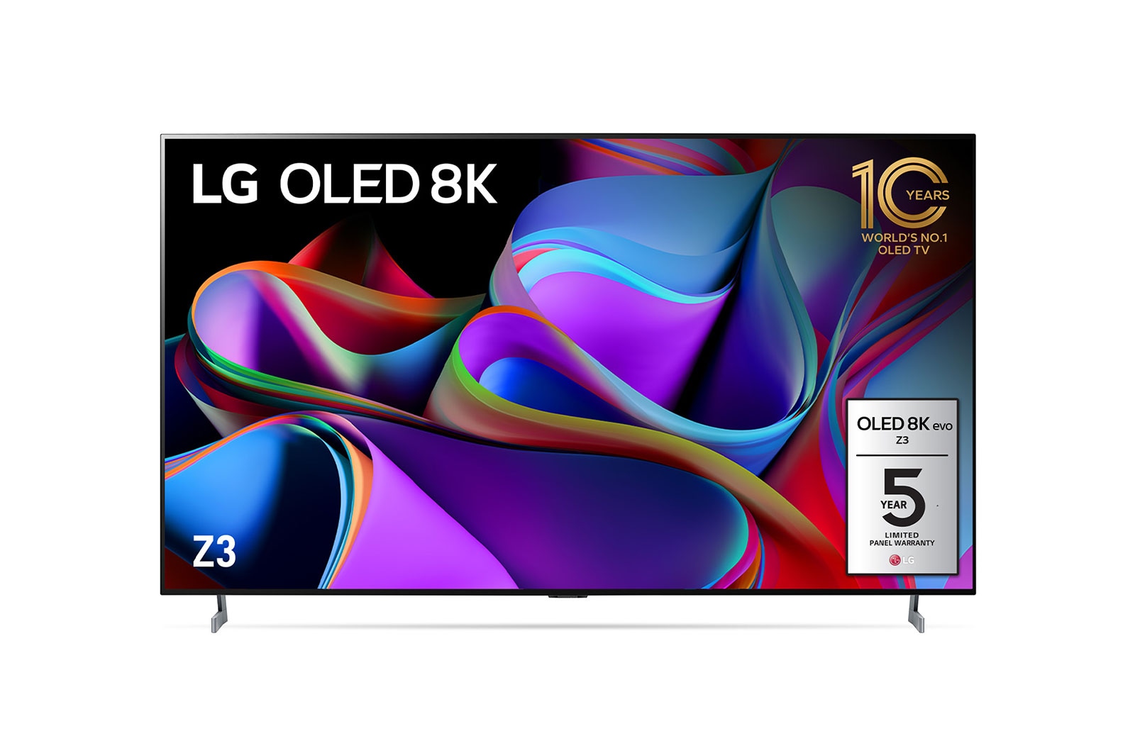 Front view with LG OLED 8K evo, 10 Years World No.1 OLED Emblem, and 5-Year Panel Warranty logo on screen.
