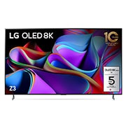 Front view with LG OLED 8K evo, 10 Years World No.1 OLED Emblem, and 5-Year Panel Warranty logo on screen.