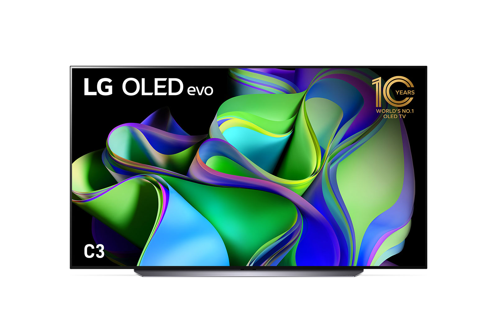 Front view with LG OLED evo and 10 Years World No.1 OLED Emblem on screen.