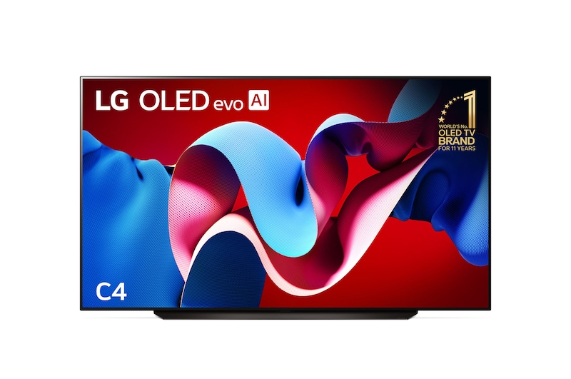 Front view with LG OLED evo C4 TV OLED83C4PSA, 11 Years of world number 1 OLED Emblem on screen.