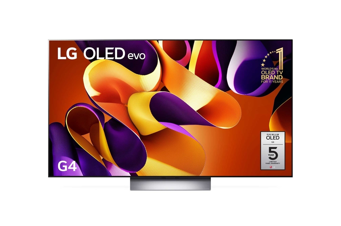 Front view with LG OLED evo G4 TV OLED83G4PSA, 11 Years of world number 1 OLED Emblem on screen.