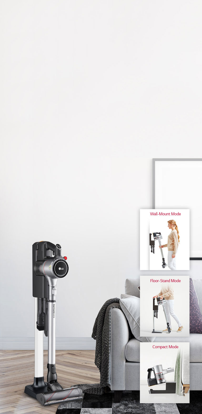 Three images show the vacuum cleaner in the charging stand in various locations:  the first has the charging stand next to a couch, the second it is next to a desk, and the third it is next to a bed.