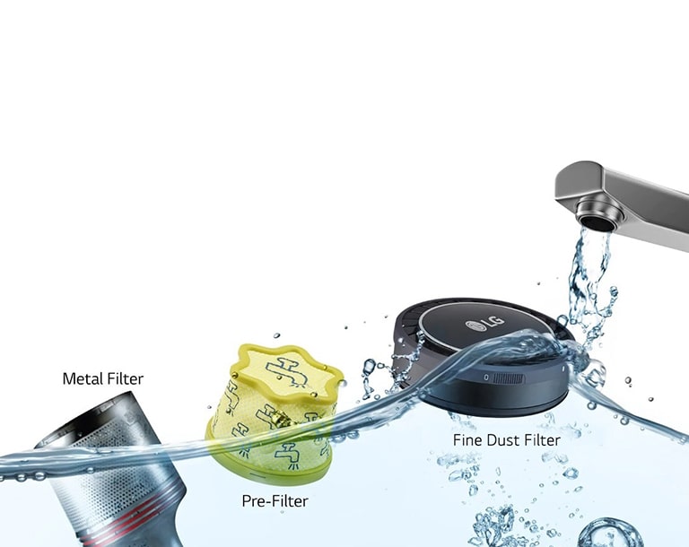 LG water filters, metal, pre-filter and fine dust filter submerged in water from a flowing tap.