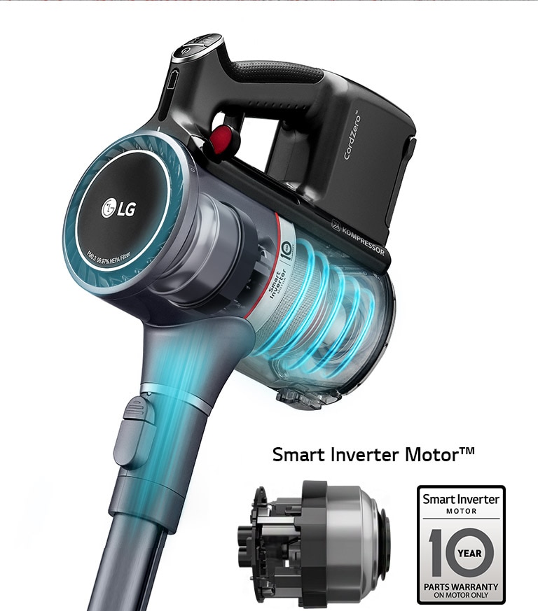 LG CordZero vacuum cleaner with Smart Inverter Motor and 10-year parts warranty, showcasing advanced suction technology.