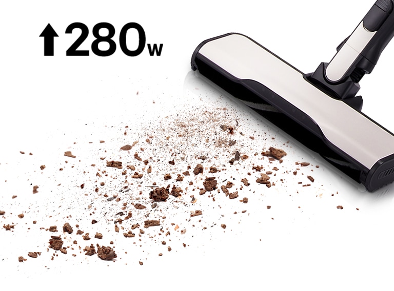Video of a stick vacuum sucking up dust and moving while displaying alternating indicators for vacuum performance and weight.