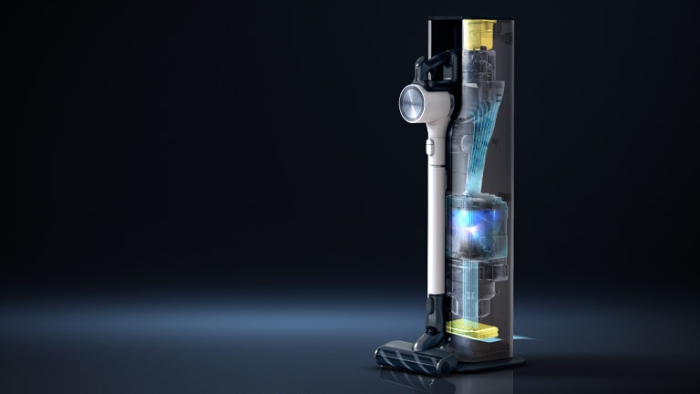 The graphic animation shows how dust is automatically emptied when connected to the docking station.