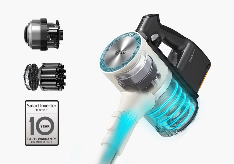 The graphic image shows the Smart Inverter Motor and the Axial Turbo Cyclone. Also, the vacuum head and head part are made transparent to show the Smart Inverter Motor.