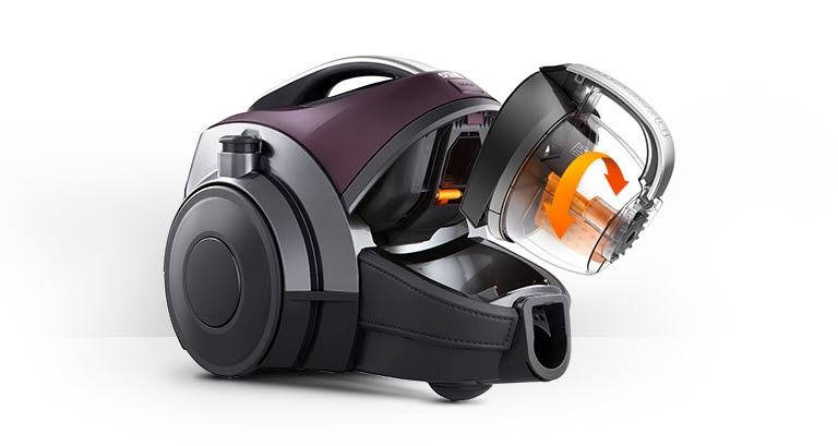 LG bagless vacuum cleaner with purple accents and cyclonic filtration system showing detachable dust container.