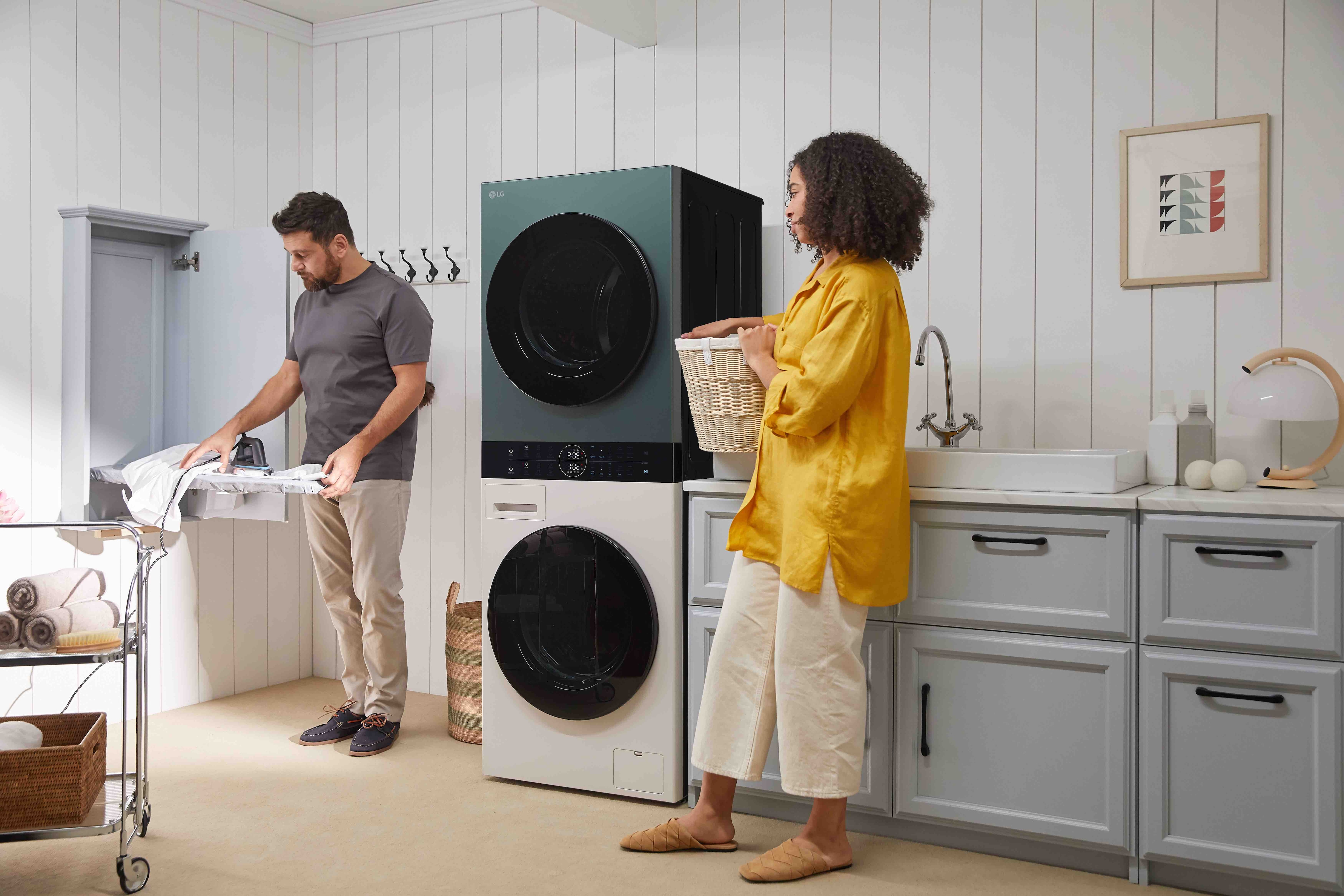 It shows compact LG WashTower placed in the small utility room.