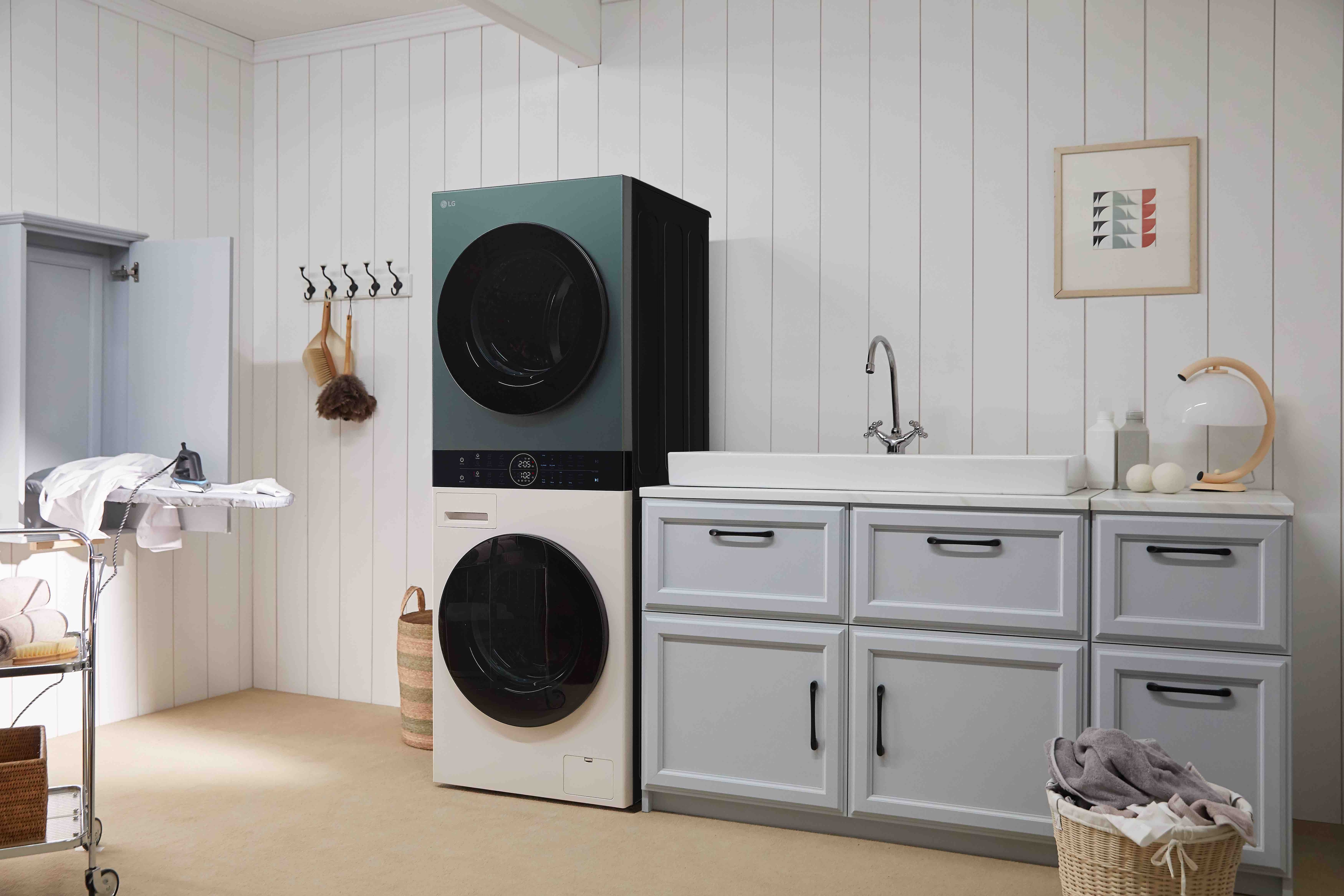 It shows compact LG WashTower placed in the small utility room.