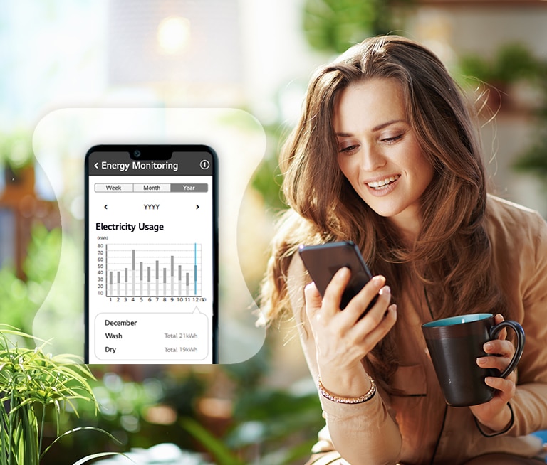 A woman is looking at a smartphone. The icon next to her shows a smartphone screen
