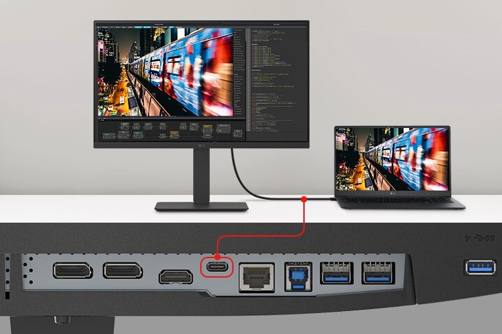 An image of a laptop and monitor connected with a single USB Type-C cable.	