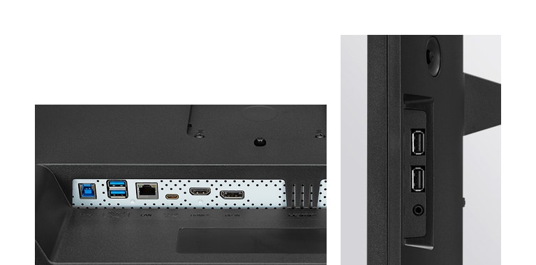 This monitor offers USB Type-C™, DisplayPort, HDMI, RJ45 (Ethernet), USB (Upstream 3.0 x1/Downstream 2.0 x2, 3.0 x2) and Headphone out port.