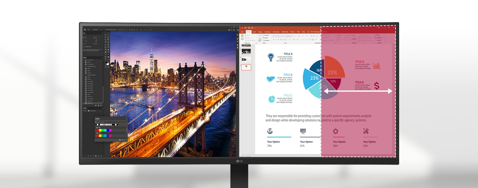 3800R curved screen with apps side by side.
