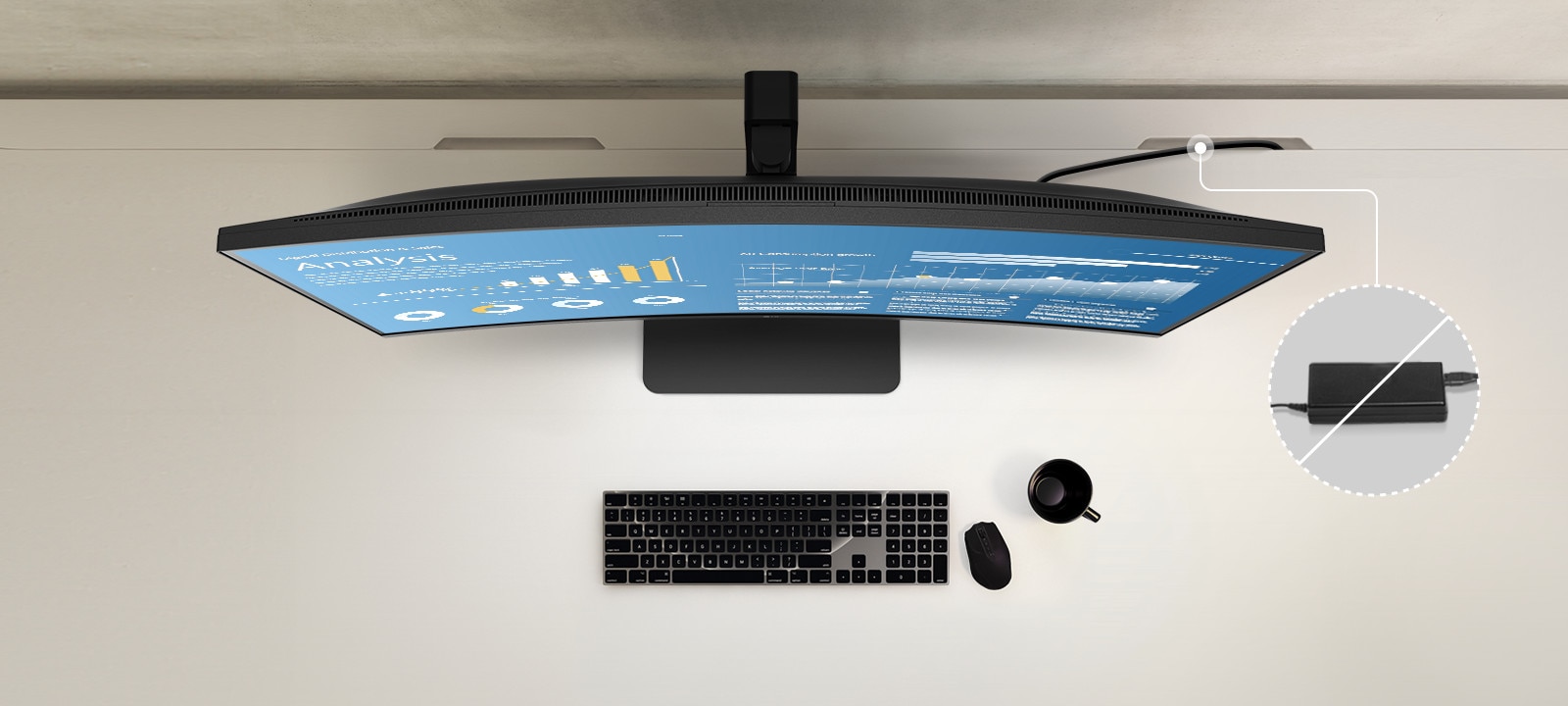Built-in power keeps desk tidy.