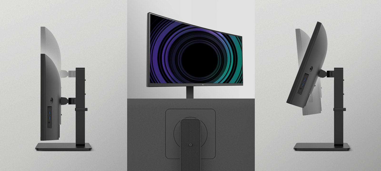 Ergonomic stand showing height tilt swivel.