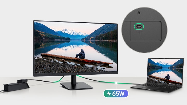 An image of a laptop and monitor connected with a single USB-C cable.