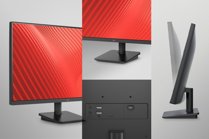 The image shows slim bezel on three sides, various ports, and the tilt view of the monitors.