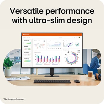 LG monitor on a desk displaying data dashboards, highlighting versatile performance and ultra-slim design.