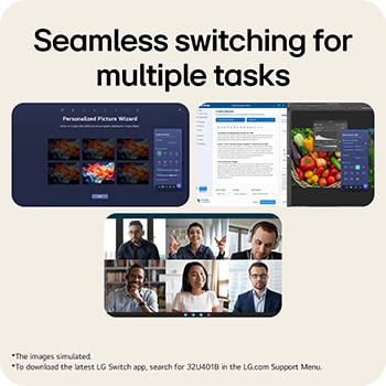 Multiple app windows and video call interface showing seamless switching between tasks using LG Switch app.