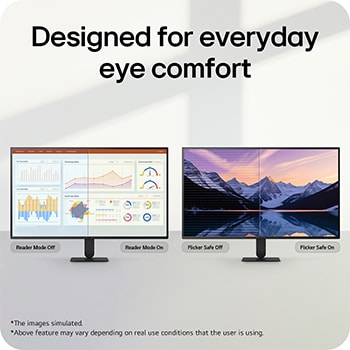 Two LG monitors comparing Reader Mode and Flicker Safe on and off, highlighting features designed for everyday eye comfort.