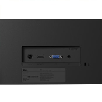 Rear view of LG monitor showing HDMI, VGA, headphone out, and DC-in ports.