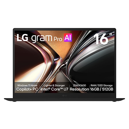 Front view of 16-Inch LG gram Pro |<br>Copilot+ PC | Windows 11 Home <br>| Lightweight Dual AI Laptop (1.2kg) | intel® Core™ U7, IPS Display 16Z90U-G.AU75AP