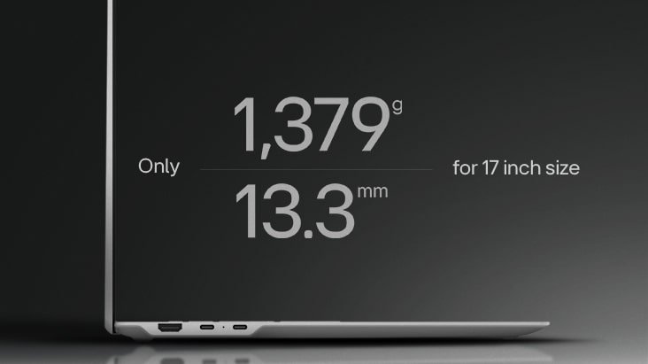 This image shows a close-up side view of the gram pro 17 inch laptop, highlighting only 1,379 grams in weight and 13.3 mm in thickness for the 17 inch size.