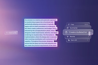 This image shows highlighted text on a gradient background with AI-powered editing options such as ‘Summarize’ and ‘Create a bulleted list,’ illustrating Copilot+ PC’s intelligent text assistance and content creation features.