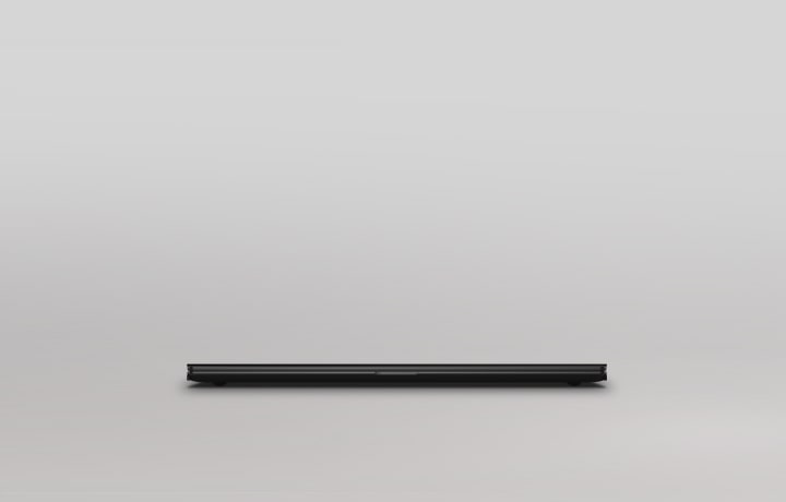 This image shows the slim LG Gram AI laptop viewed from the front against a minimalist background.