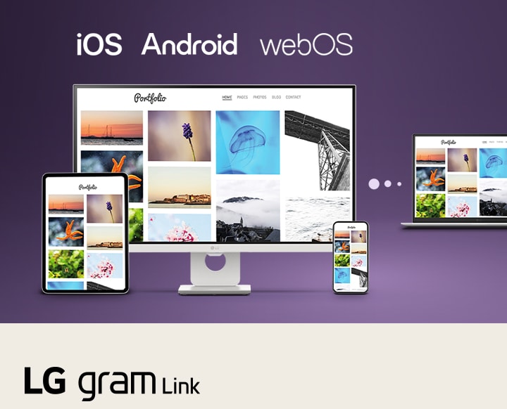 This image shows an LG gram laptop connected with a tablet, smartphone, and desktop display, illustrating seamless multi-device syncing and content sharing across iOS, Android, and webOS using LG gram Link.