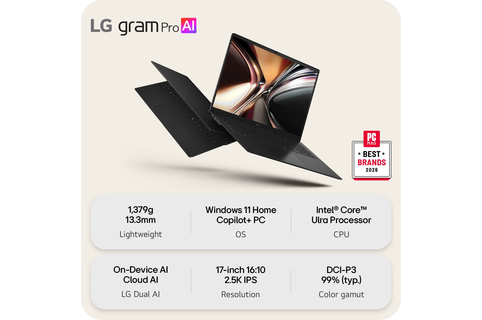 This image shows two lightweight laptops displayed on a bright background. One laptop is angled to highlight its slim, compact rear design, while the other is open, emphasizing a thin and lightweight build, with key specifications shown below.