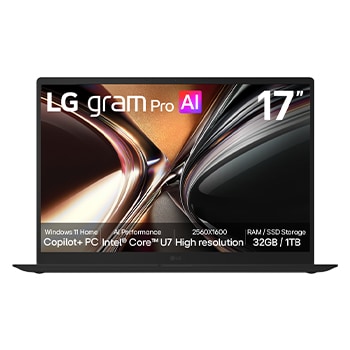 Front view of 17-Inch LG gram Pro | <br>Copilot+ PC | Windows 11 Home<br>| Lightweight Dual AI Laptop | Intel® Core™ U7, IPS Display 17Z90U-G.AU88AP