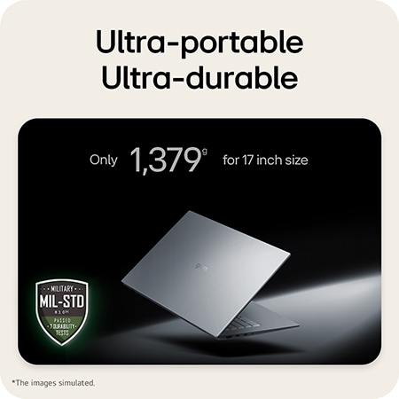 This image shows a lightweight LG gram laptop floating against a dark background, emphasizing its slim and compact design. Text above highlights the weight of only 1,379 g for the 17 inch size, while a MIL-STD durability certification badge appears in the lower left, indicating military-standard durability testing.
