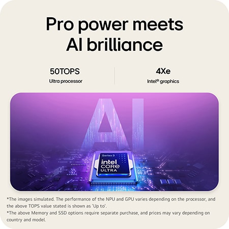 The image features an Intel® Core™ Ultra processor set against a blue-to-purple gradient background, with large semi-transparent “AI” text layered behind the chipset.