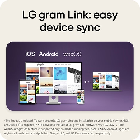 This image shows an LG gram laptop connected with a tablet, smartphone, and desktop display, illustrating seamless multi-device syncing and content sharing across iOS, Android, and webOS using LG gram Link.