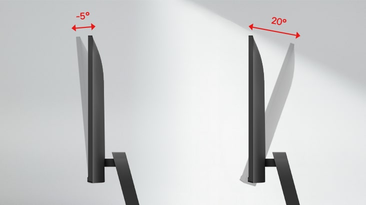 A side-by-side comparison showing a monitor tilting backward at 20 degrees and forward at -5 degrees, illustrating its adjustable tilt functionality for ergonomic viewing.