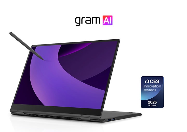 This image showcases a convertible laptop with a 360-degree rotating display, positioned in stand mode. The screen features a smooth gradient display, and a digital stylus pen is hovering above it, indicating pen input support on the touchscreen. The laptop displays the 'gram AI' logo on the device, and the CES Innovation Awards 2025 Honoree logo is visible on the bottom right corner.