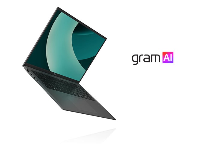 The image shows an LG Gram laptop, highlighted for its ultra-light design. On the right, the text reads: "Delightfully light" with the "gram AI" logo below it.