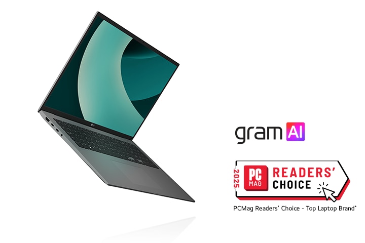The image shows an LG Gram laptop, highlighted for its ultra-light design. On the right, the text reads: "Delightfully light" with the "gram AI" logo below it.