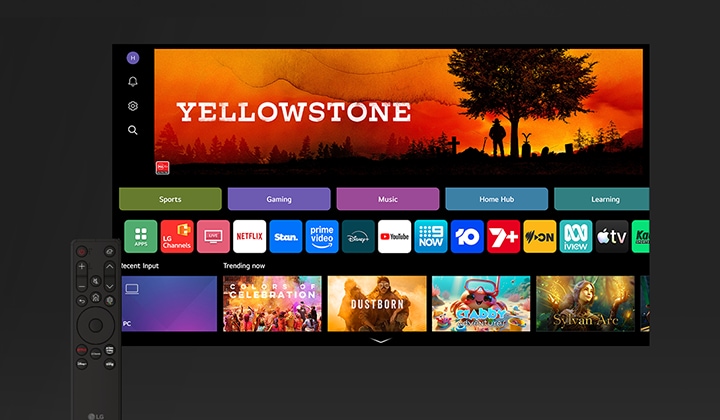 Image of webOS home UI and remote control.
