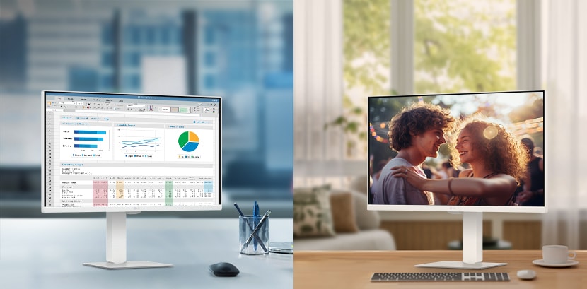 A photo showcasing LG Smart Monitors in a office and home.	