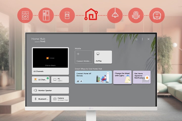 The LG Smart Monitor screen is showing the ThinQ Home Dashboard interface.	