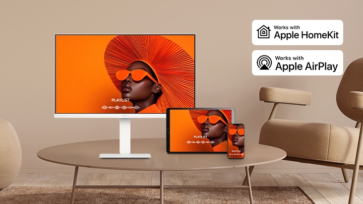 The same screen is being shared across a LG Smart Monitor, laptop, tablet, and smartphone using AirPlay 2 and Screen Share.	