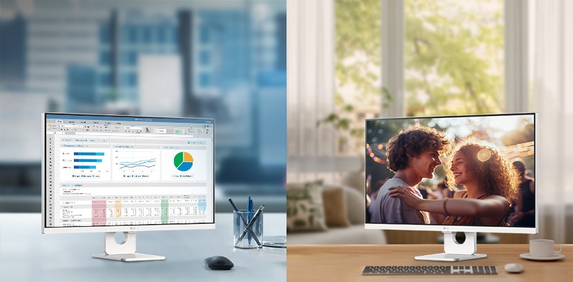 A photo showcasing LG Smart Monitors in a office and home.