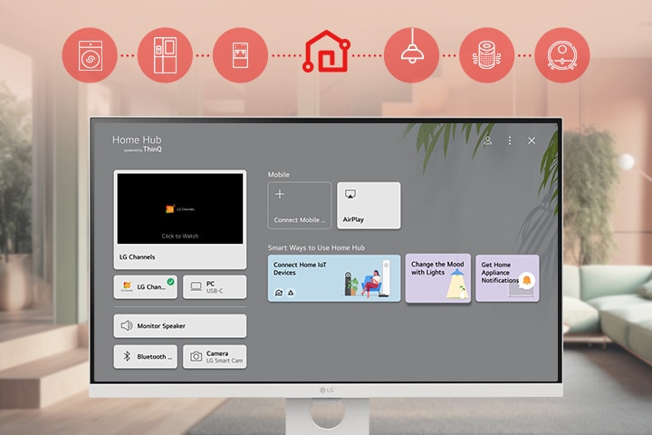 The LG Smart Monitor screen is showing the ThinQ Home Dashboard interface.