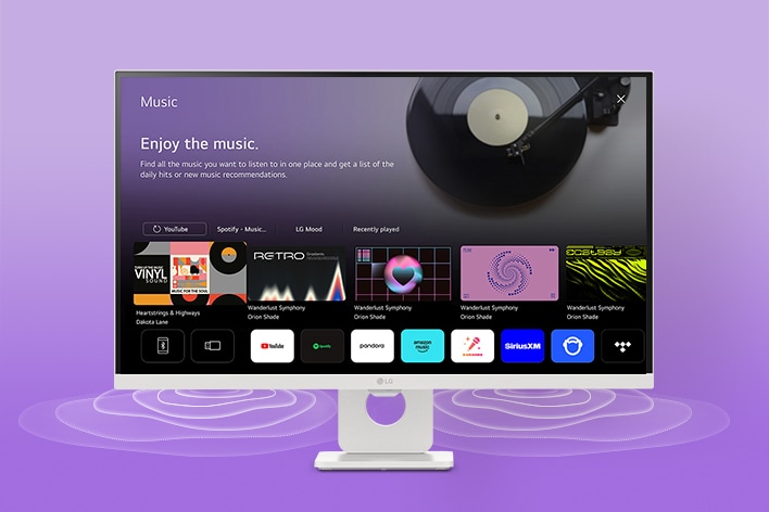 The LG Smart Monitor screen displays the music apps interface.